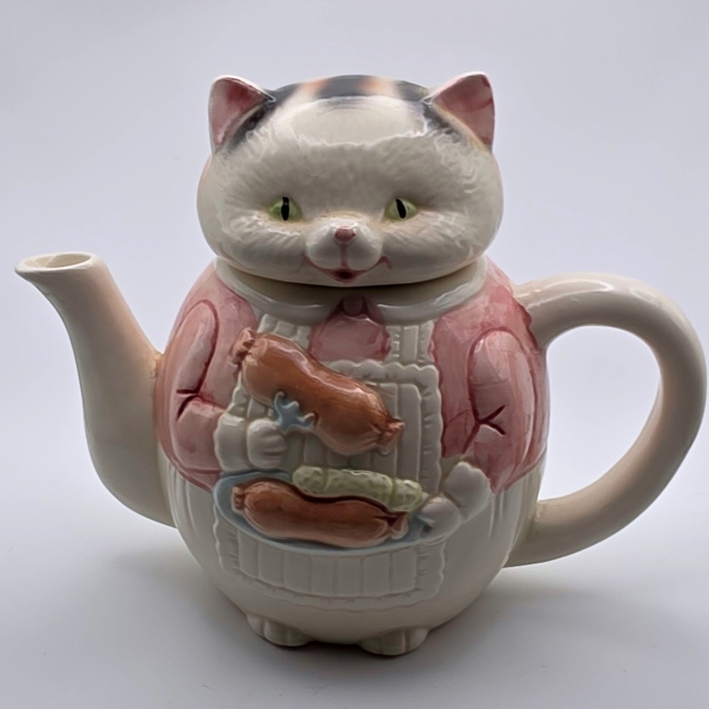 Albert E Price Cat Teapot Pink White Good Vintage Ceramic Cat Eating Sausage